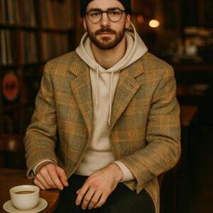 Vintage Saks Fifth Avenue Tan Sz Large Wool Large Pocket Tweed Sport Coat Jacket